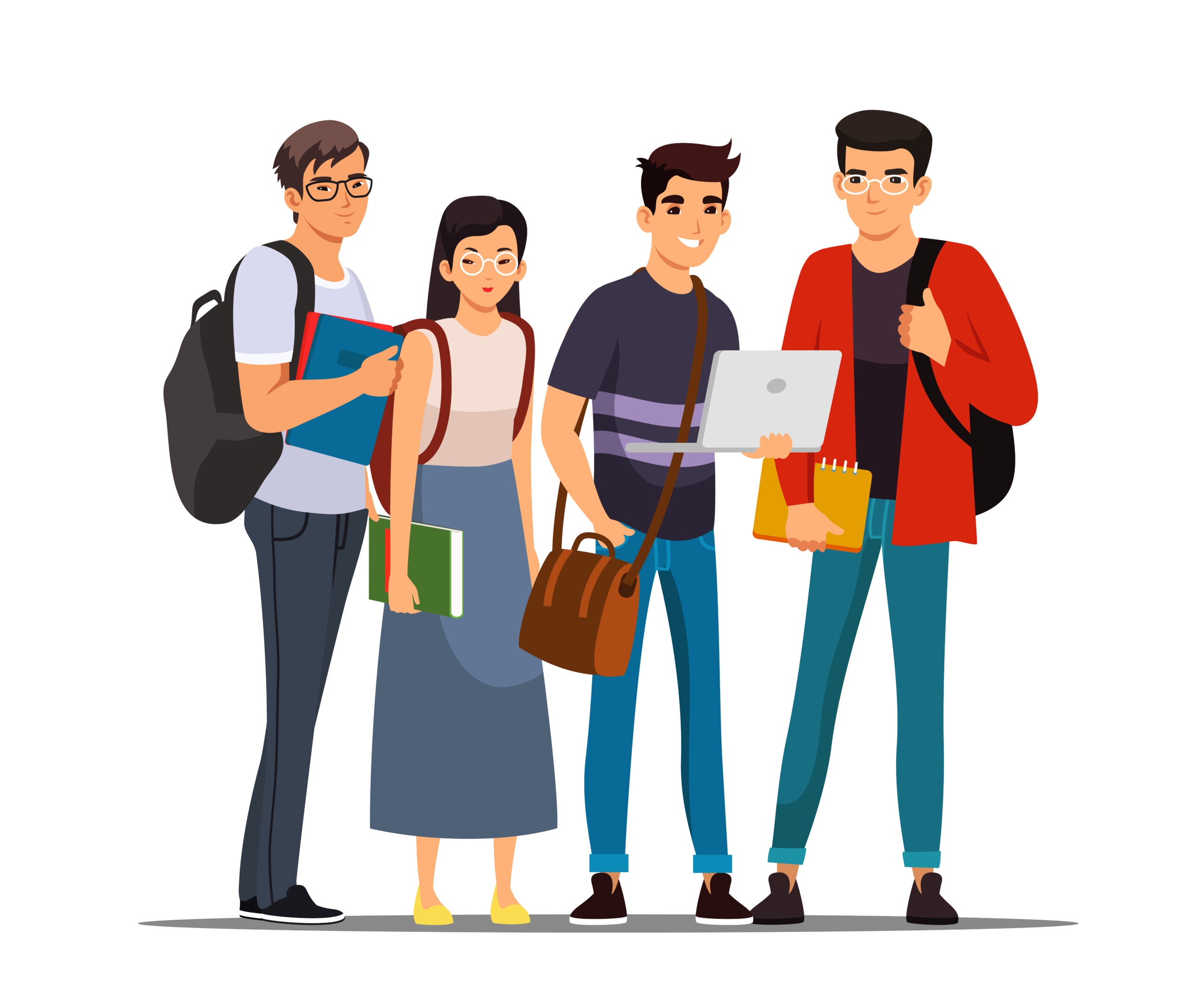 college or university students group. young happy people standing isolated on white background. higher academic education vector illustration. diverse multicultural meeting.